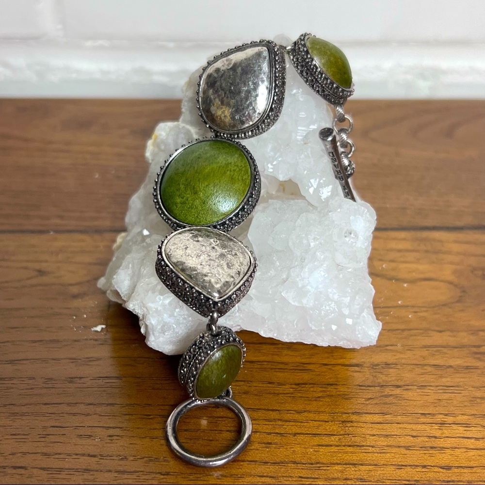 Lucky Brand Green Stone Silver Link Bracelet